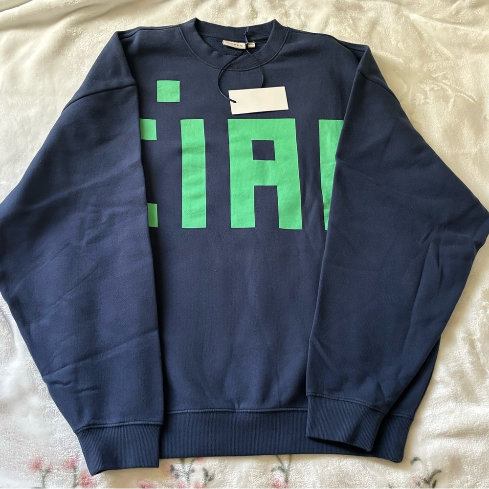 Clare V Blue and Green Crewneck Sweater with Graphic Design